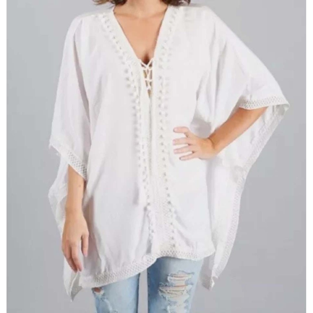 Bindya New York Kaftan Top Womens One Size White‎ Lace Up Pom Pom Crochet Trim